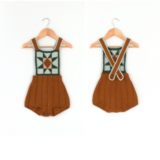 patchwork quilt romper. acorn